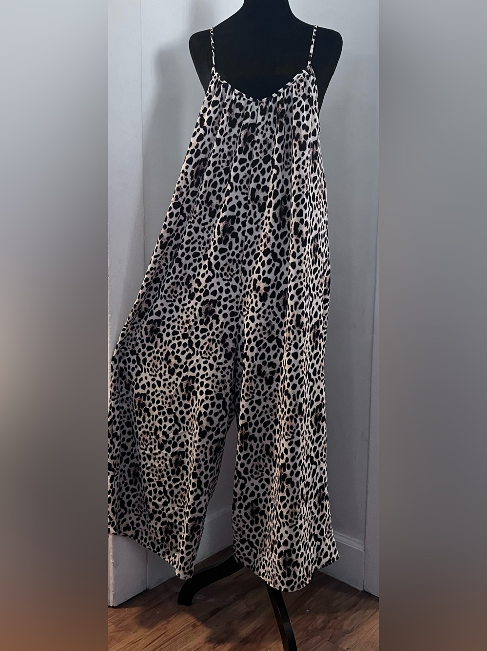 FANTASTIC FAWN Leopard Print Wide-Leg Jumpsuit in Beige and Black
